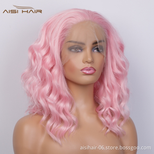 Aisi Hair Short Pink High Temperature Synthetic Lace Front Wigs For Black White Women Lace Frontal Pre Plucked Body Wave Wigs